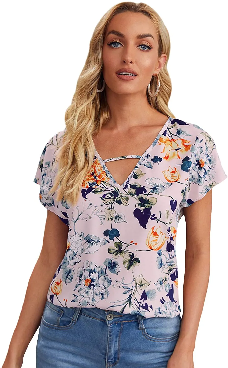 Milumia Women's Floral Print Cutout V Neck Short Sleeve Casual Summer Blouse Top
