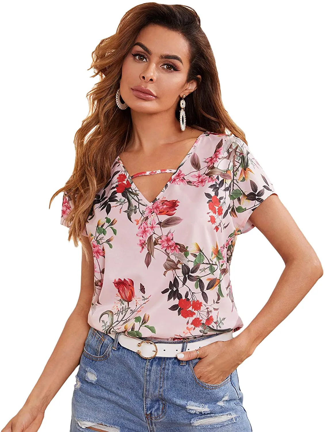 Milumia Women's Floral Print Cutout V Neck Short Sleeve Casual Summer Blouse Top