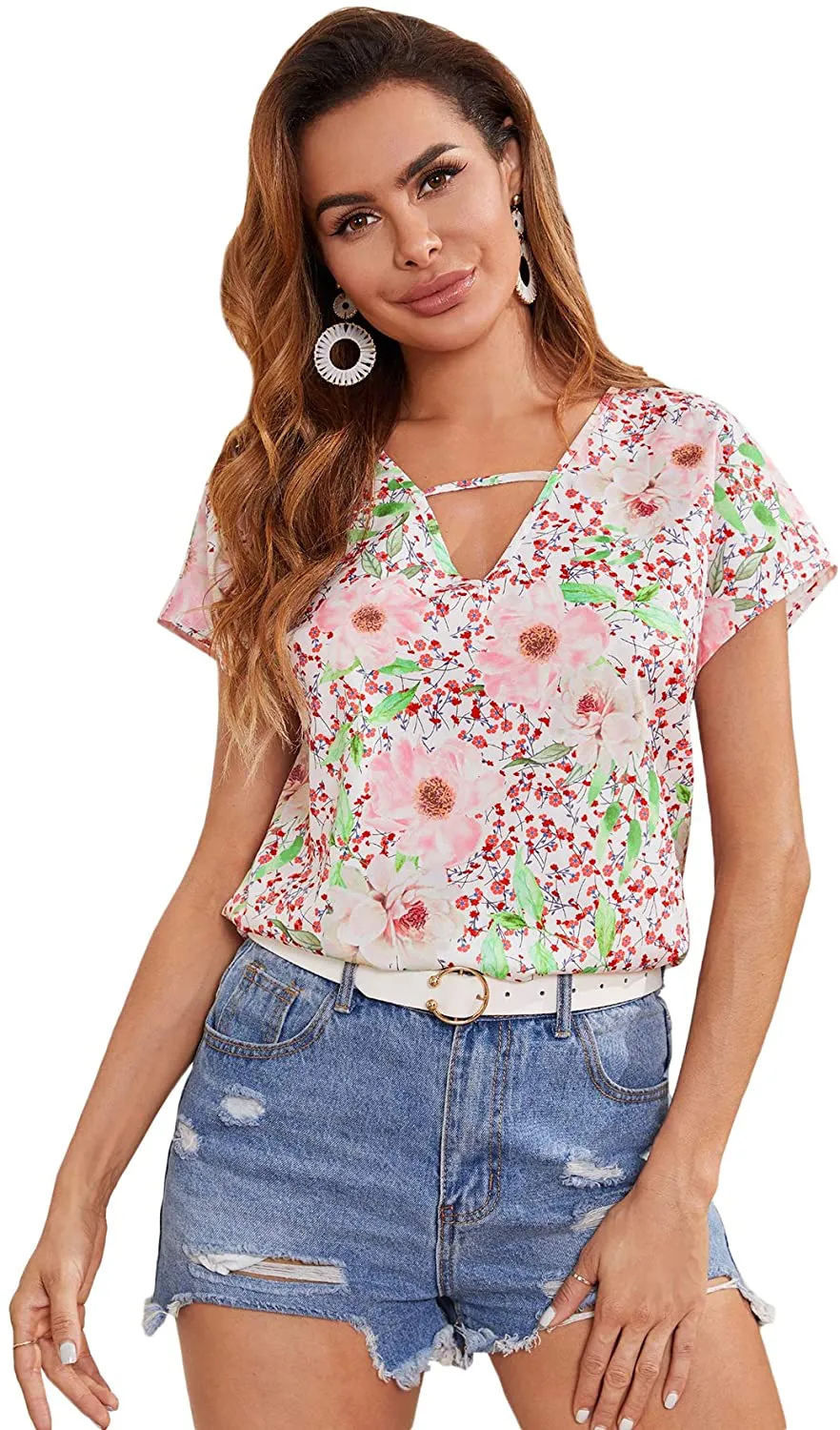 Milumia Women's Floral Print Cutout V Neck Short Sleeve Casual Summer Blouse Top