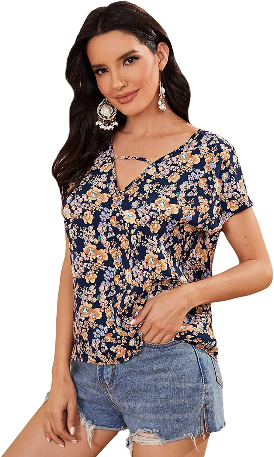 Milumia Women's Floral Print Cutout V Neck Short Sleeve Casual Summer Blouse Top