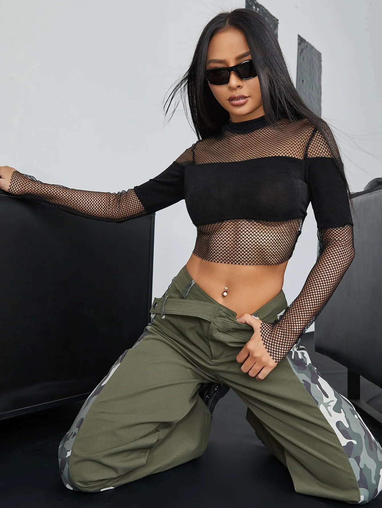 Mock Neck Contrast Fishnet Crop Top