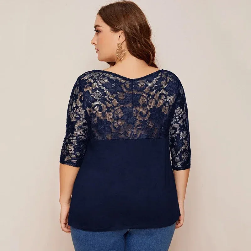 Plus Size Sexy Elegant Fashion Lace Top Women Half Sleeve Solid Blue Summer Spring Sheath A-line T-shirt Blouse 5XL 6XL 7XL 8XL