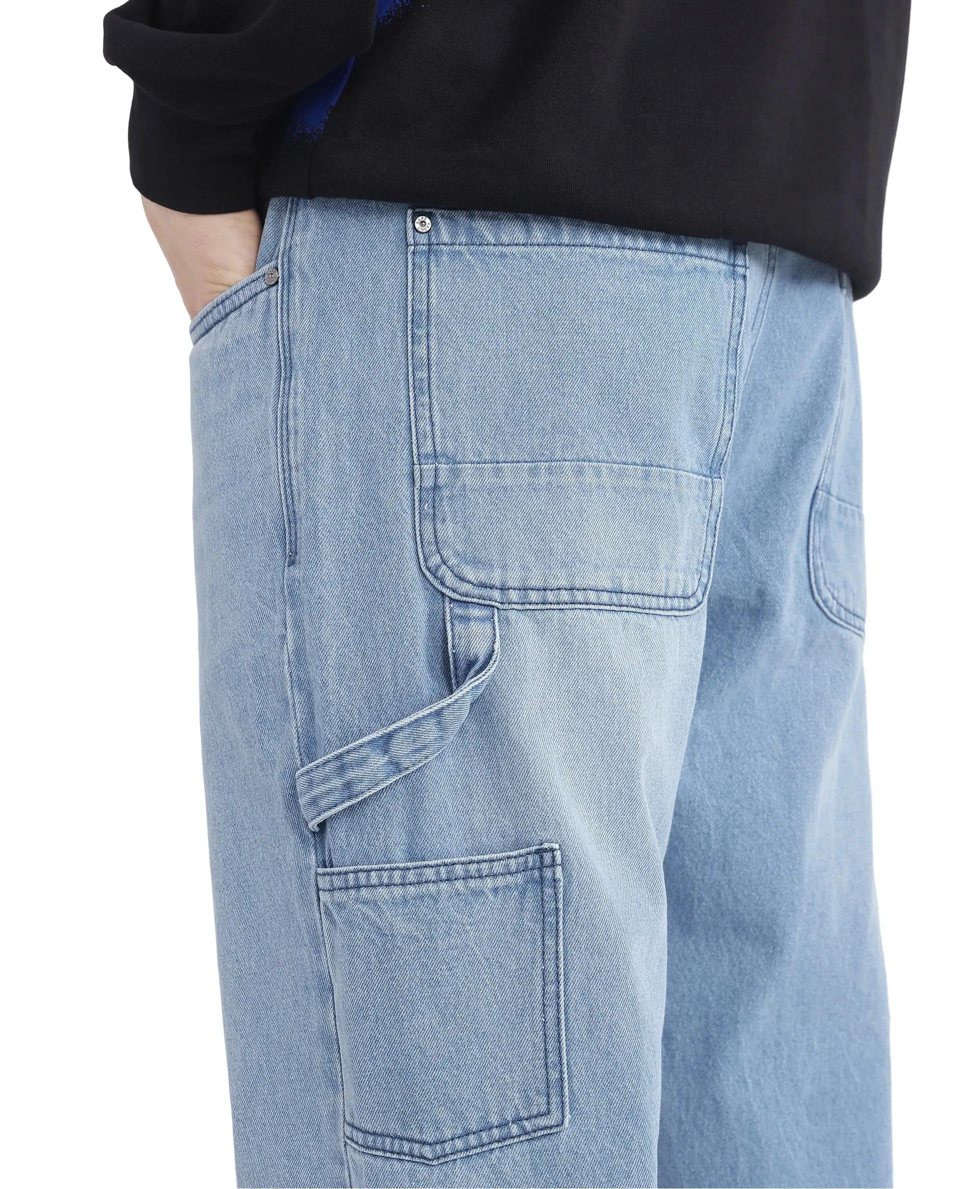Rare Rabbit Men's Carpenter-2 Blue Cotton Fabric Light Wash Carpenter Fit Solid Jeans