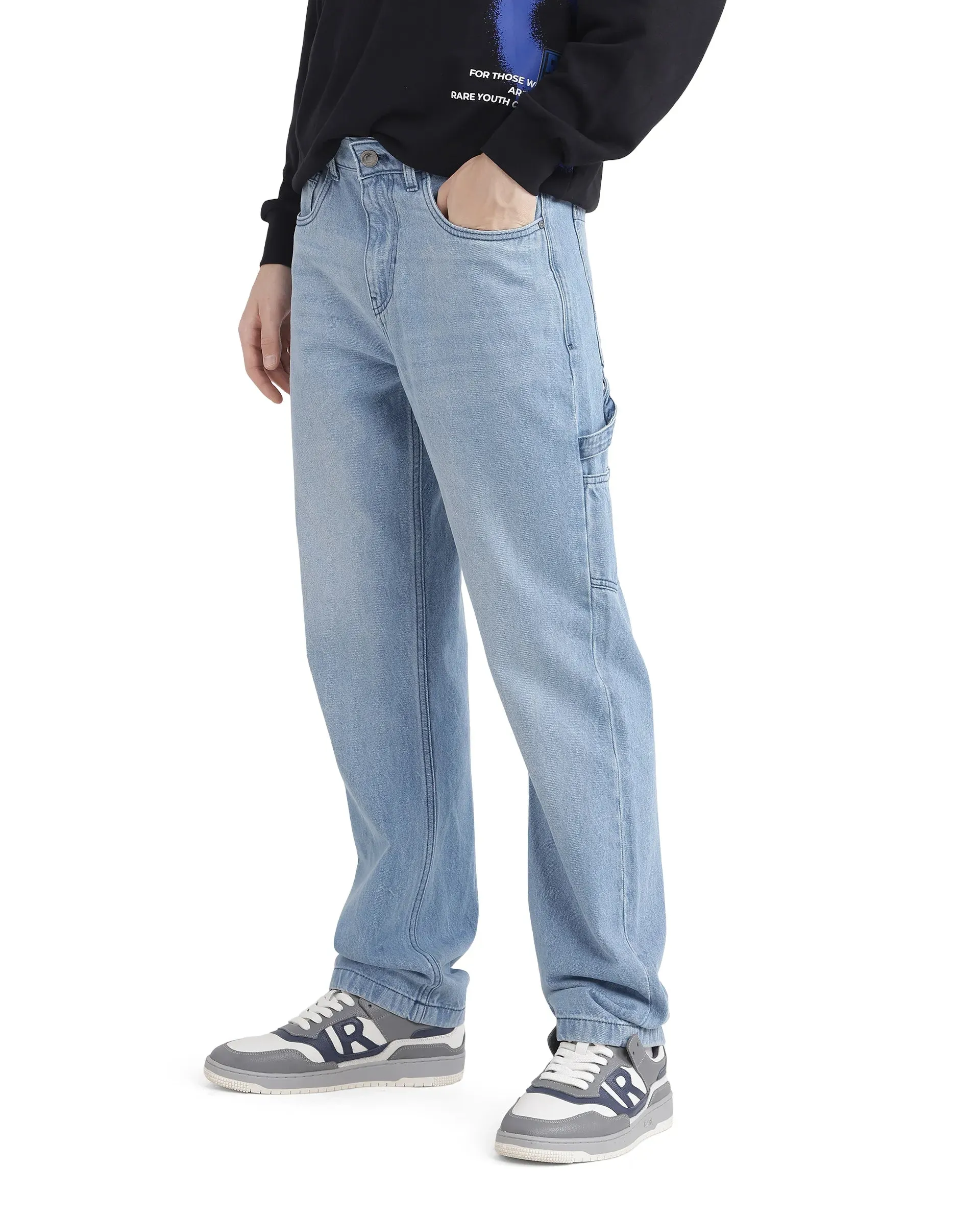 Rare Rabbit Men's Carpenter-2 Blue Cotton Fabric Light Wash Carpenter Fit Solid Jeans