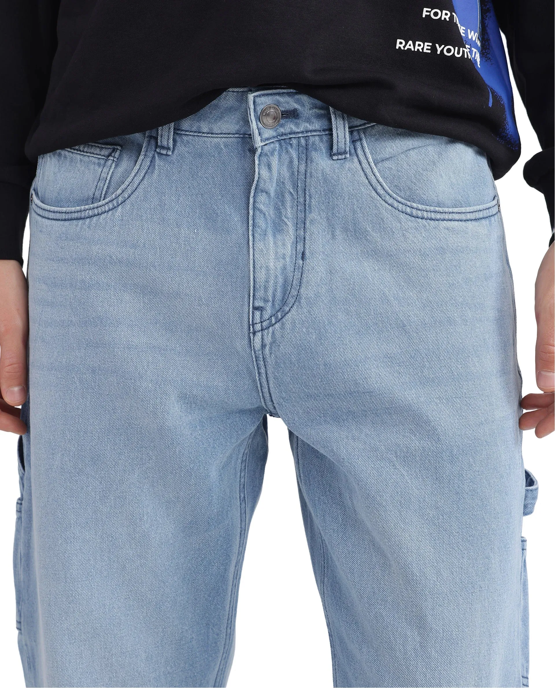 Rare Rabbit Men's Carpenter-2 Blue Cotton Fabric Light Wash Carpenter Fit Solid Jeans