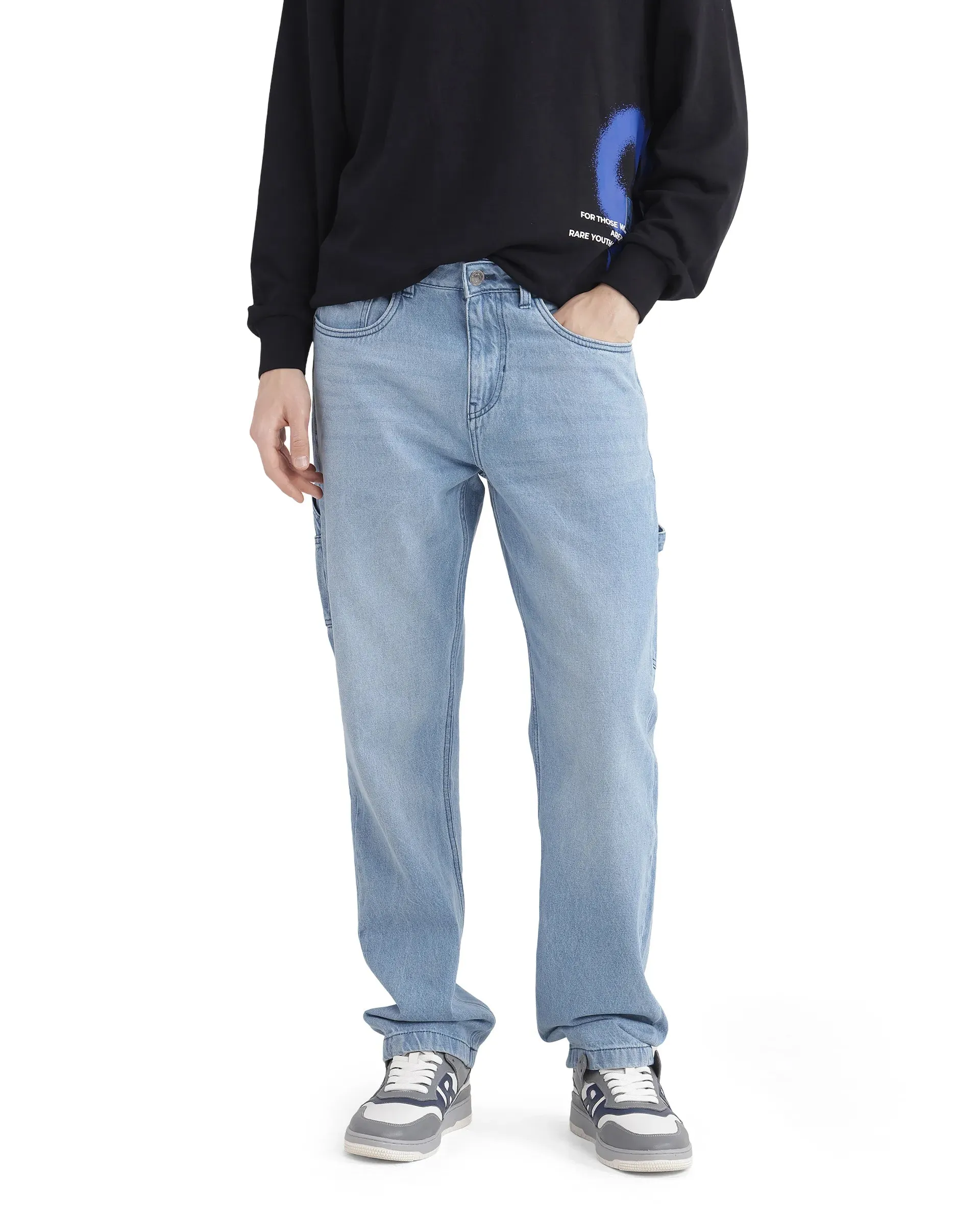Rare Rabbit Men's Carpenter-2 Blue Cotton Fabric Light Wash Carpenter Fit Solid Jeans