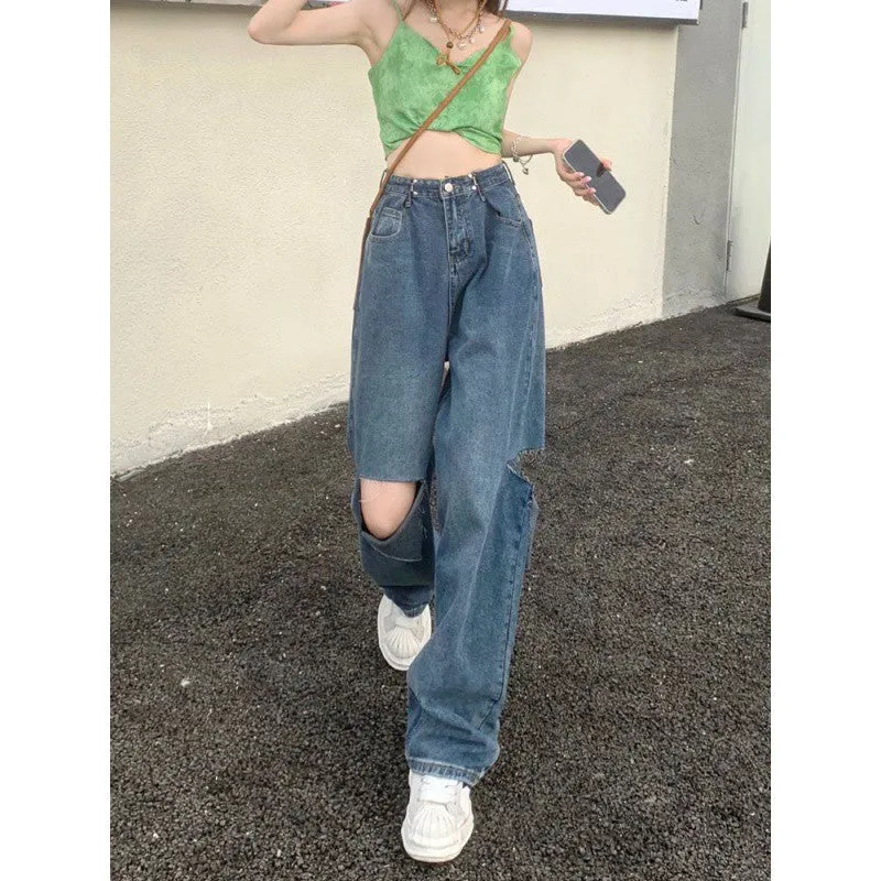Ripped Wide-legged Jeans Women's Straight Loose High Waist