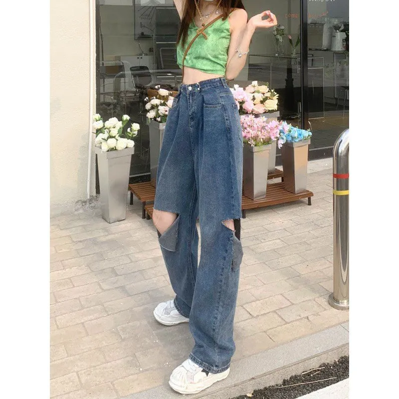 Ripped Wide-legged Jeans Women's Straight Loose High Waist