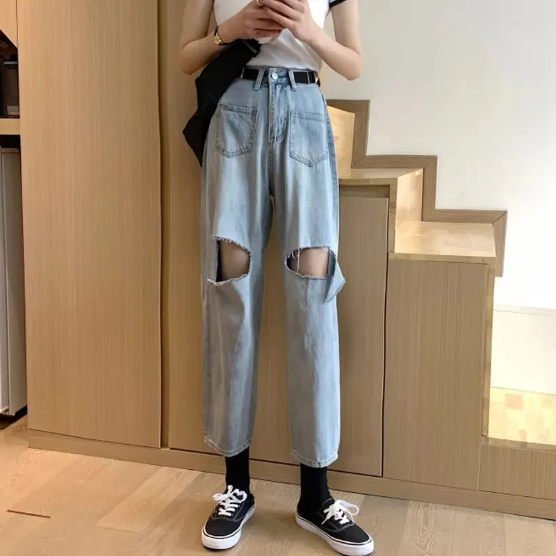 Ripped Wide-legged Jeans Women's Straight Loose High Waist