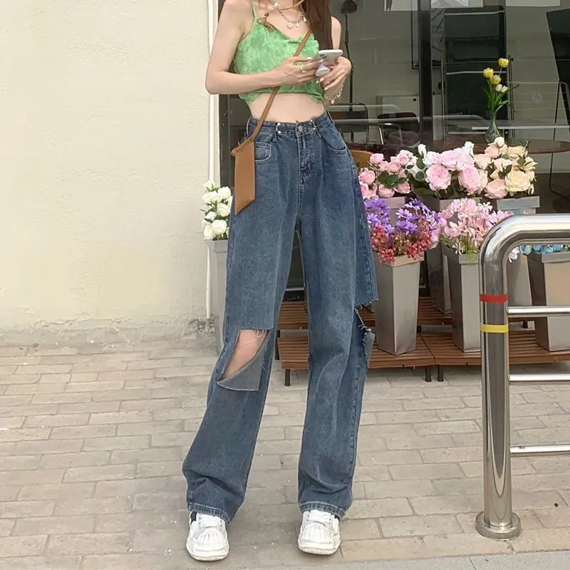 Ripped Wide-legged Jeans Women's Straight Loose High Waist