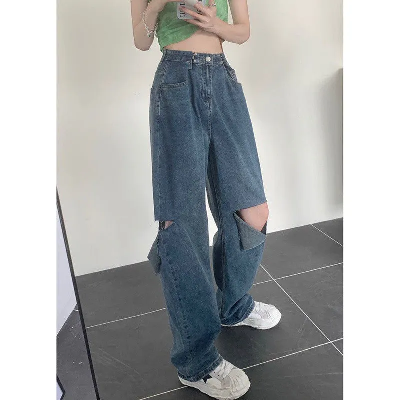 Ripped Wide-legged Jeans Women's Straight Loose High Waist
