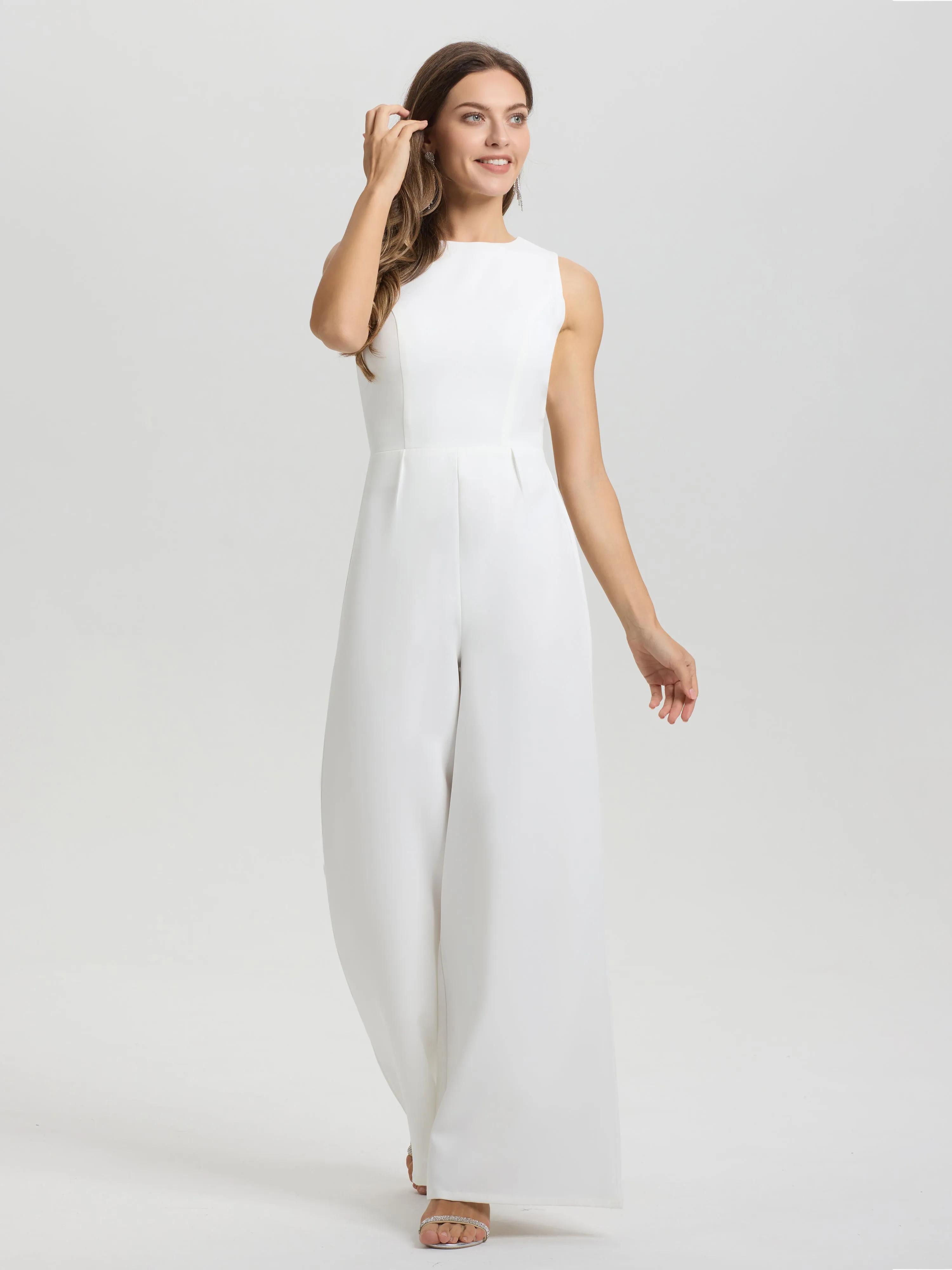Solid Sleeveless Open Back Wide-Leg Wedding Jumpsuit/Pantsuit