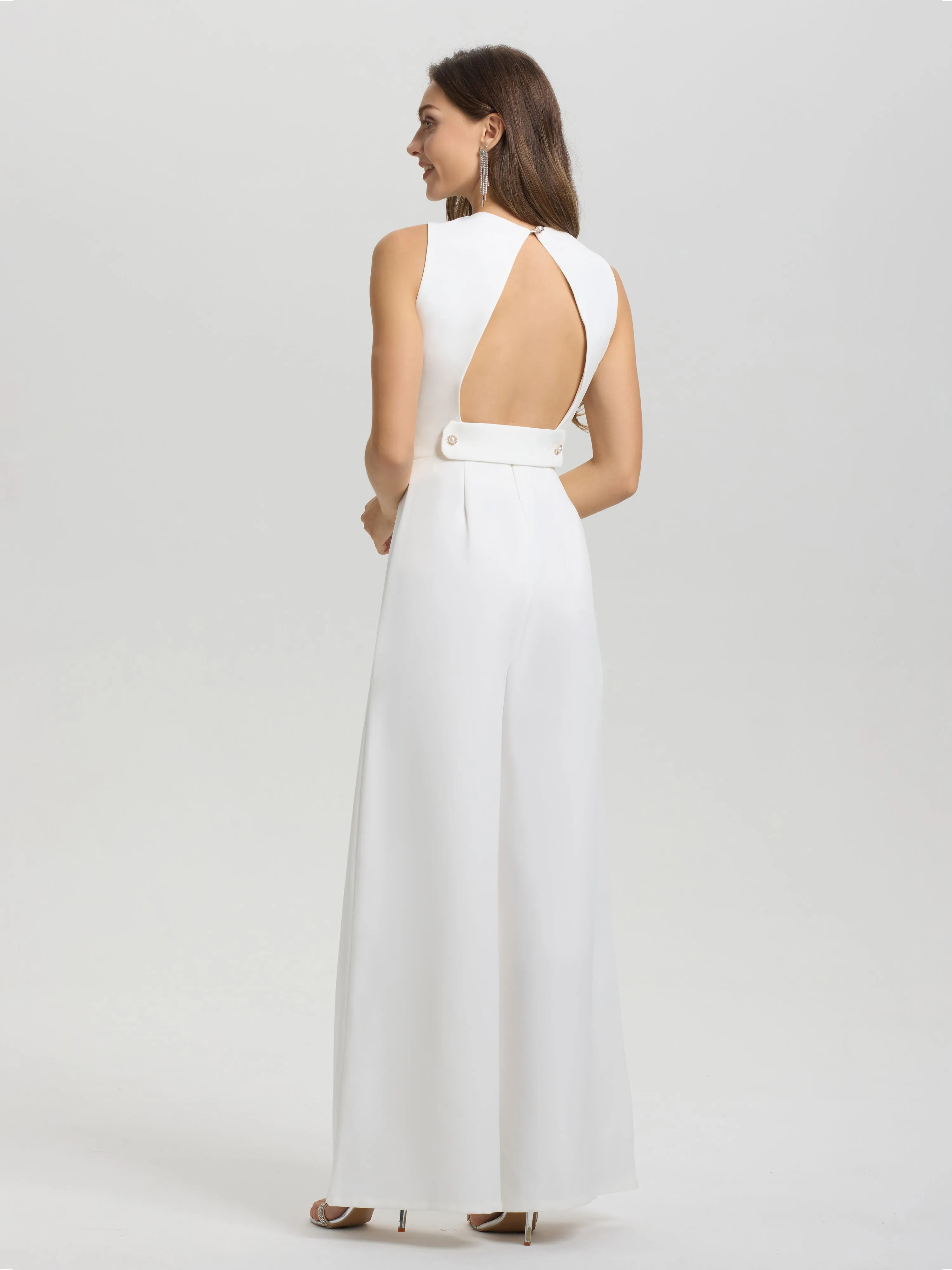 Solid Sleeveless Open Back Wide-Leg Wedding Jumpsuit/Pantsuit