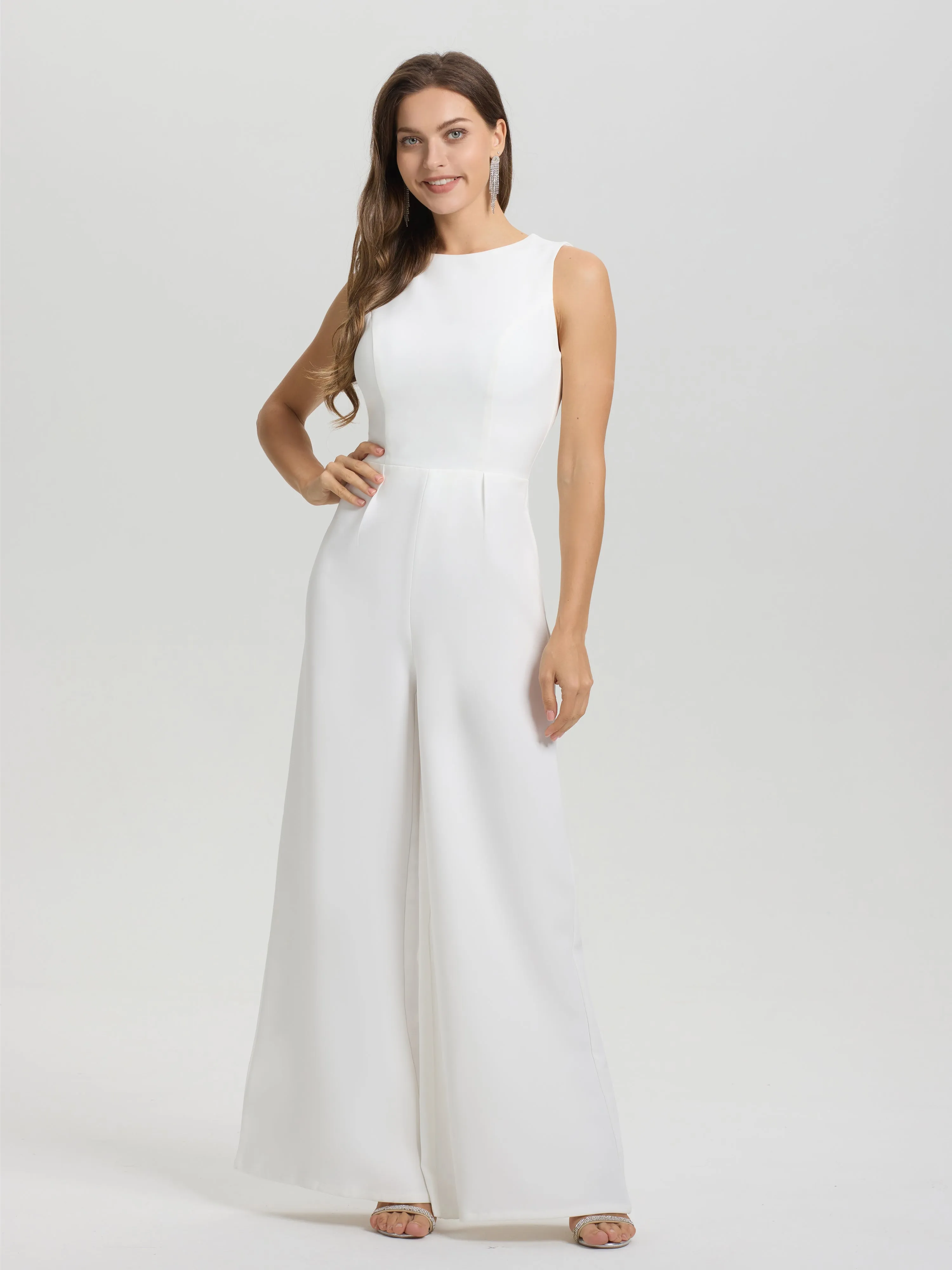 Solid Sleeveless Open Back Wide-Leg Wedding Jumpsuit/Pantsuit
