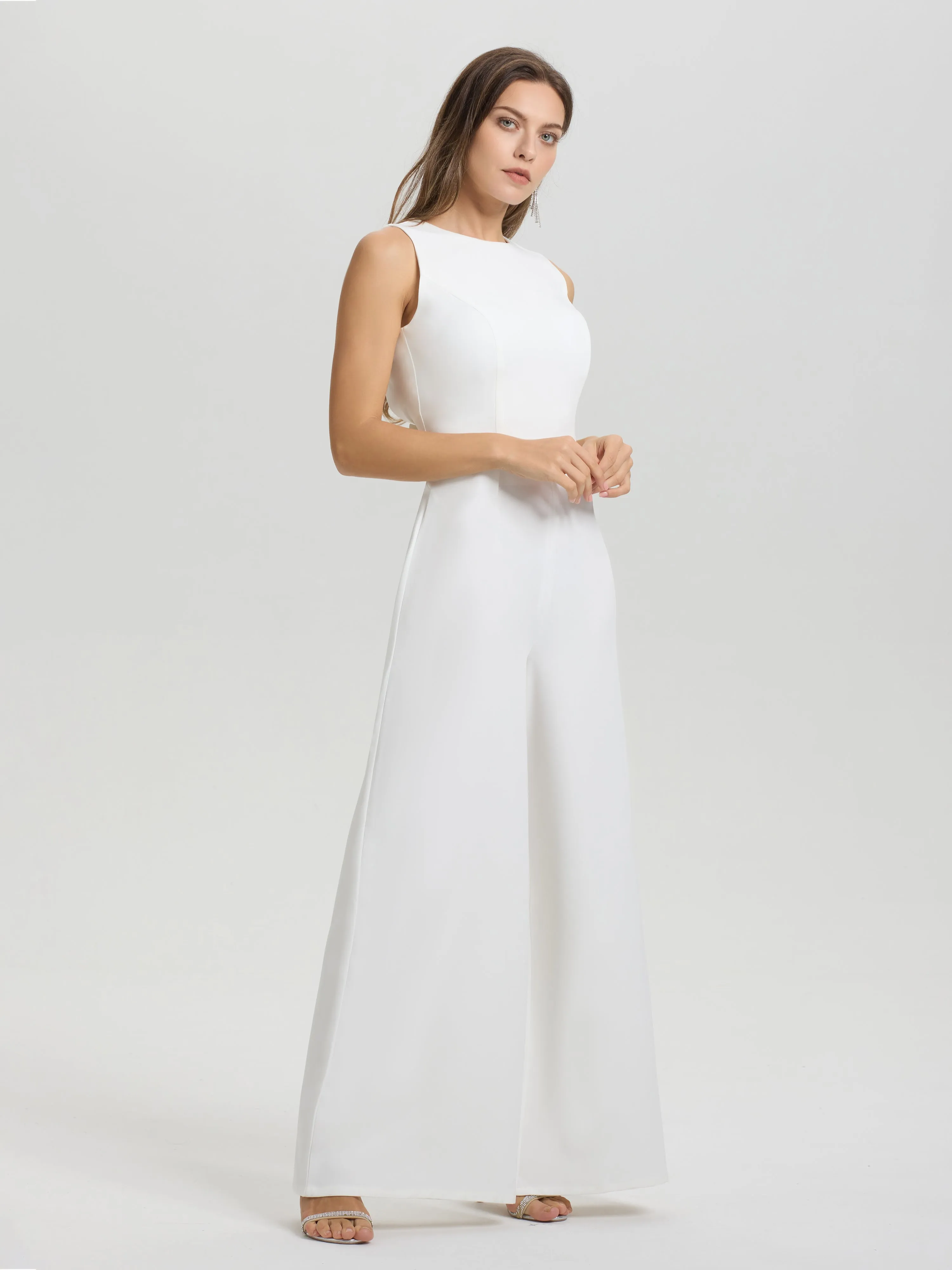 Solid Sleeveless Open Back Wide-Leg Wedding Jumpsuit/Pantsuit