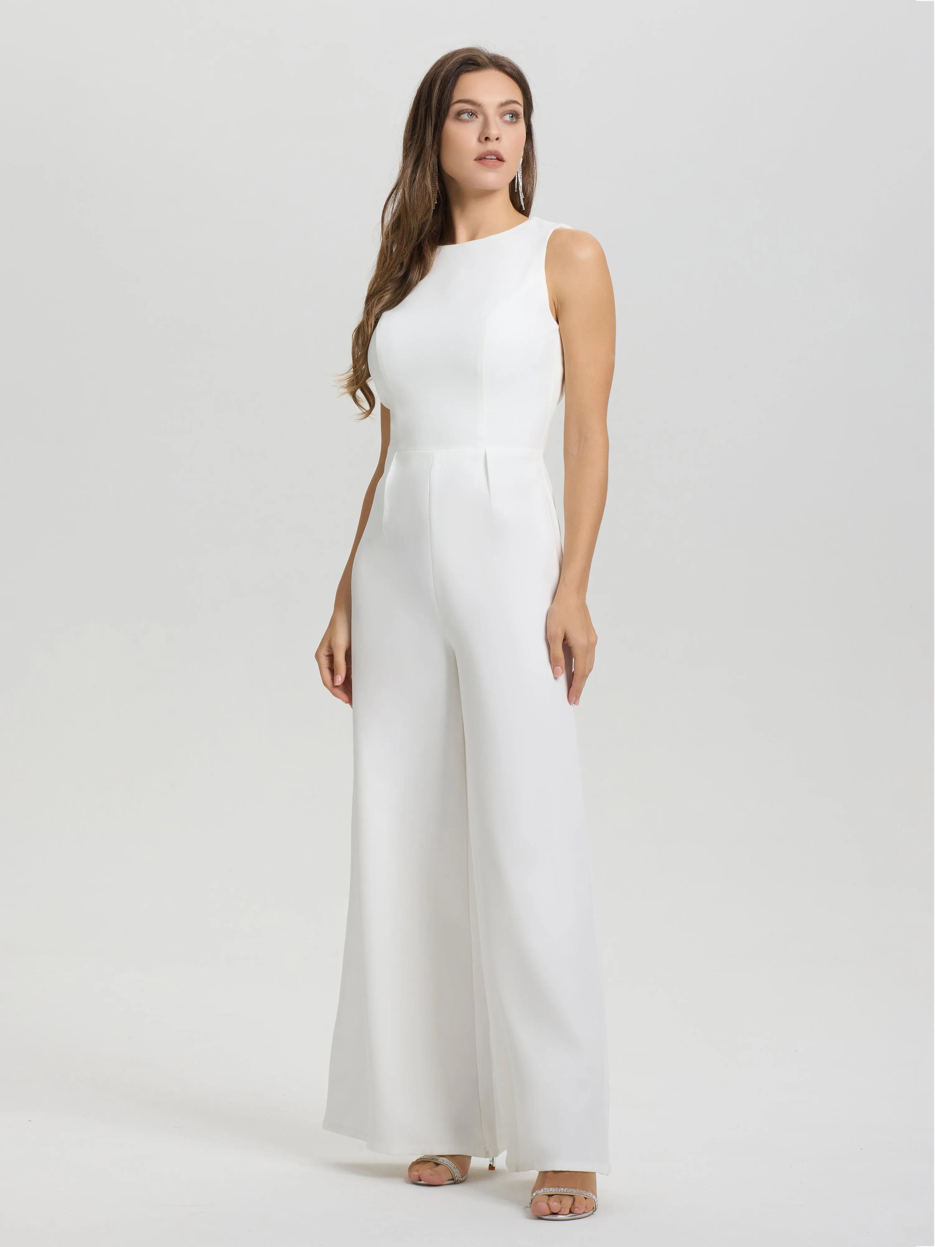 Solid Sleeveless Open Back Wide-Leg Wedding Jumpsuit/Pantsuit