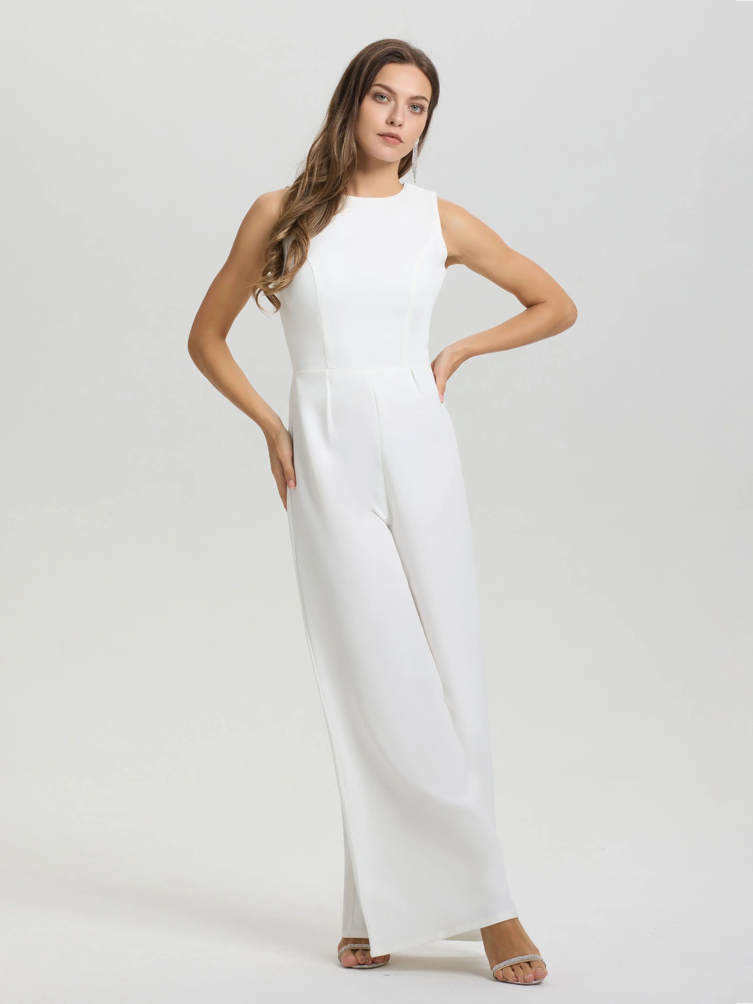 Solid Sleeveless Open Back Wide-Leg Wedding Jumpsuit/Pantsuit