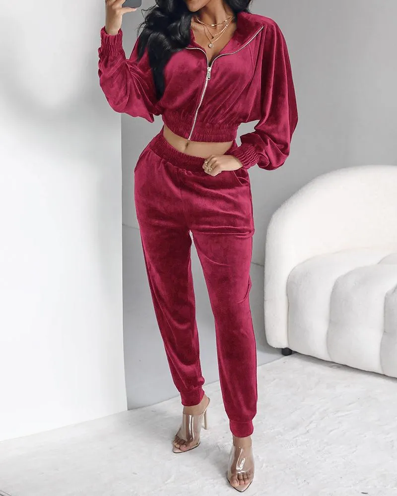 Stand Collar Zipper Design Velvet Coat &Cuffed Pants Tracksuit Set