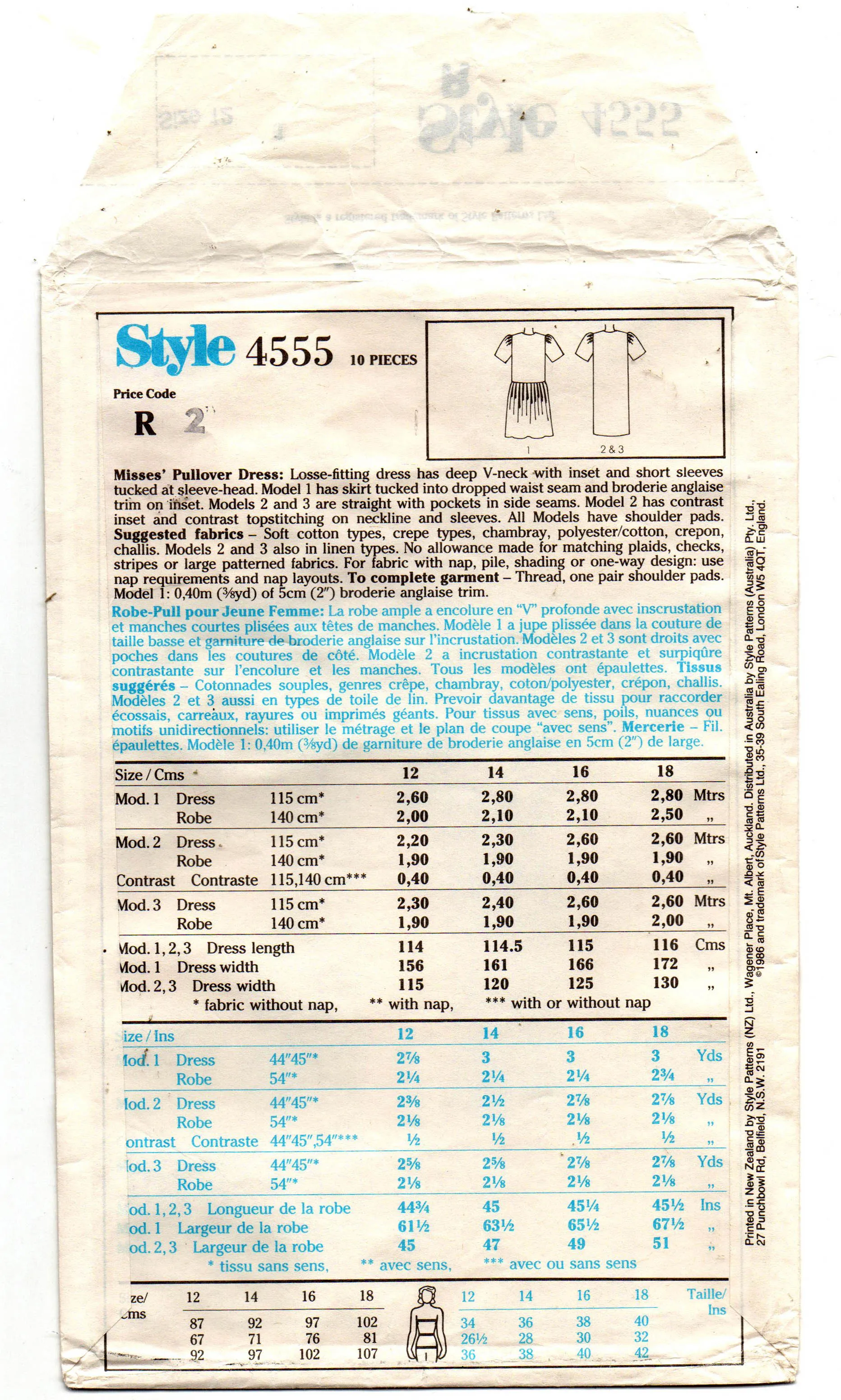 Style 4555 Womens Pullover Dress 1980s Vintage Sewing Pattern Size 12 or 14 UNCUT Factory Folded