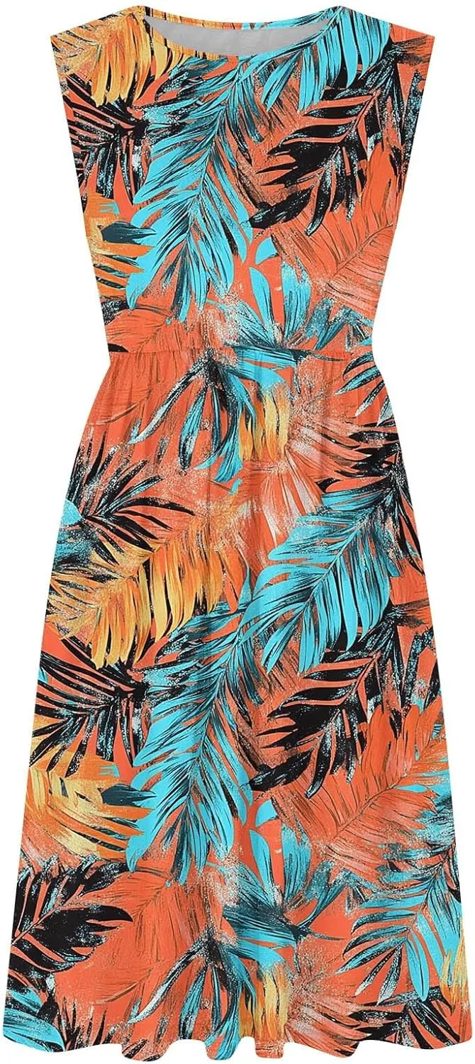 Summer Dresses for Women Casual A-Line Flowy Sleeveless Midi Dress Vintage Floral Print Pleated Beach Sundress 2025