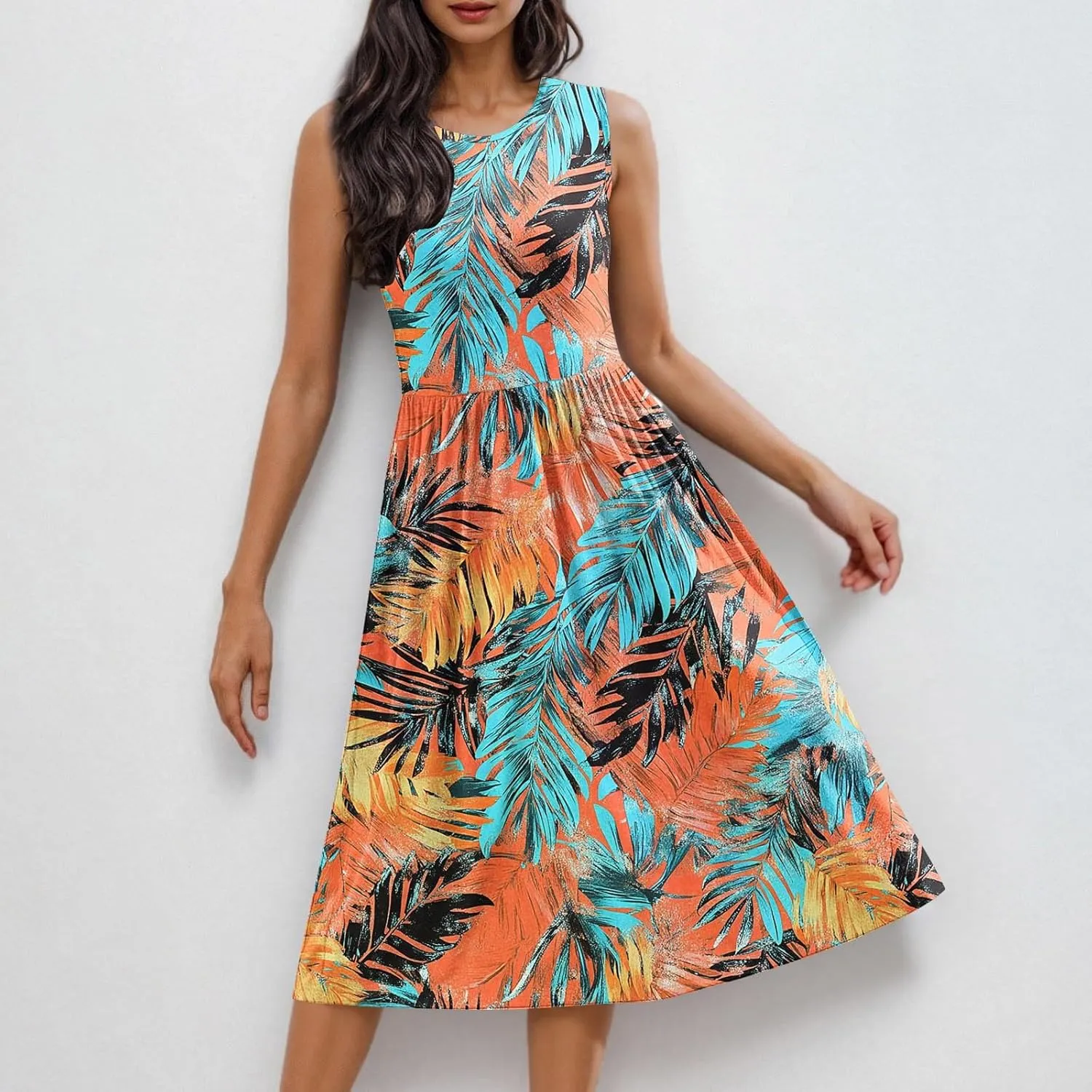 Summer Dresses for Women Casual A-Line Flowy Sleeveless Midi Dress Vintage Floral Print Pleated Beach Sundress 2025