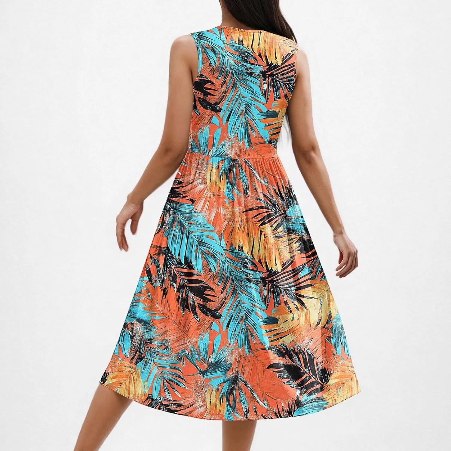 Summer Dresses for Women Casual A-Line Flowy Sleeveless Midi Dress Vintage Floral Print Pleated Beach Sundress 2025