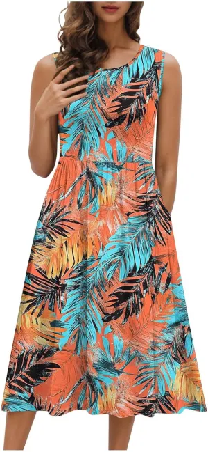 Summer Dresses for Women Casual A-Line Flowy Sleeveless Midi Dress Vintage Floral Print Pleated Beach Sundress 2025