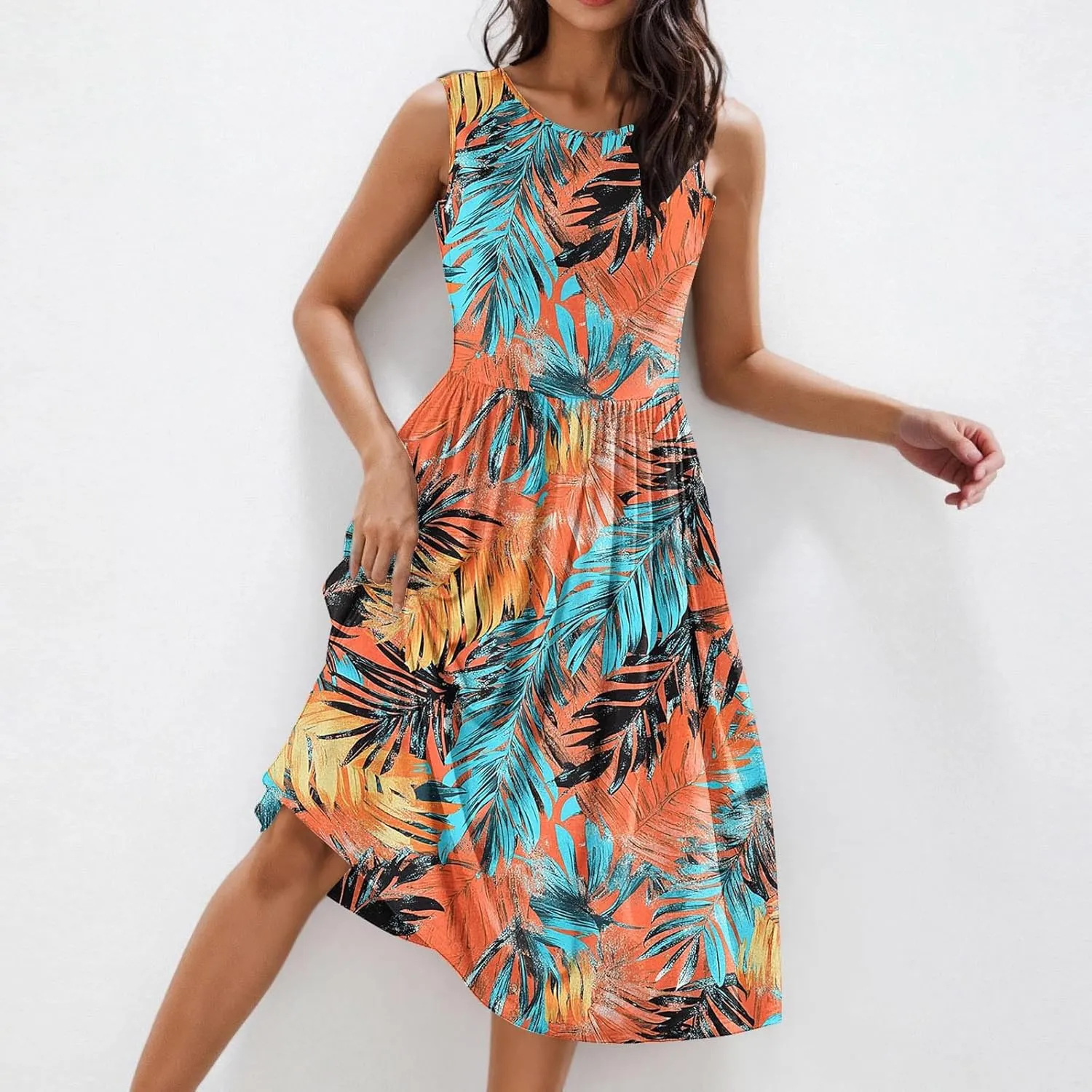 Summer Dresses for Women Casual A-Line Flowy Sleeveless Midi Dress Vintage Floral Print Pleated Beach Sundress 2025