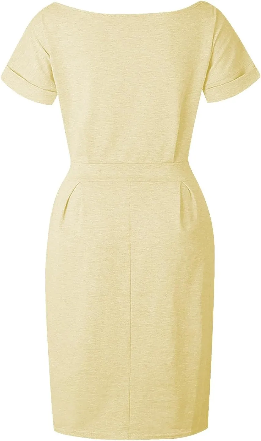 Summer Work Casual T-Shirt Dress for Women Bodycon Belted Midi Dress with Tie Waist & Pockets Business Dresses