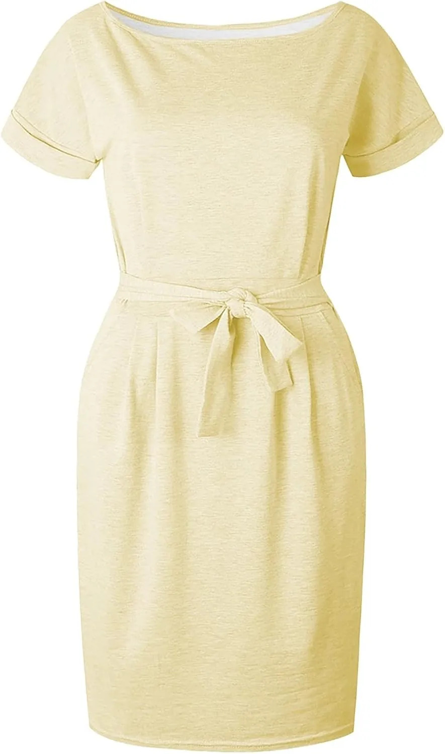 Summer Work Casual T-Shirt Dress for Women Bodycon Belted Midi Dress with Tie Waist & Pockets Business Dresses