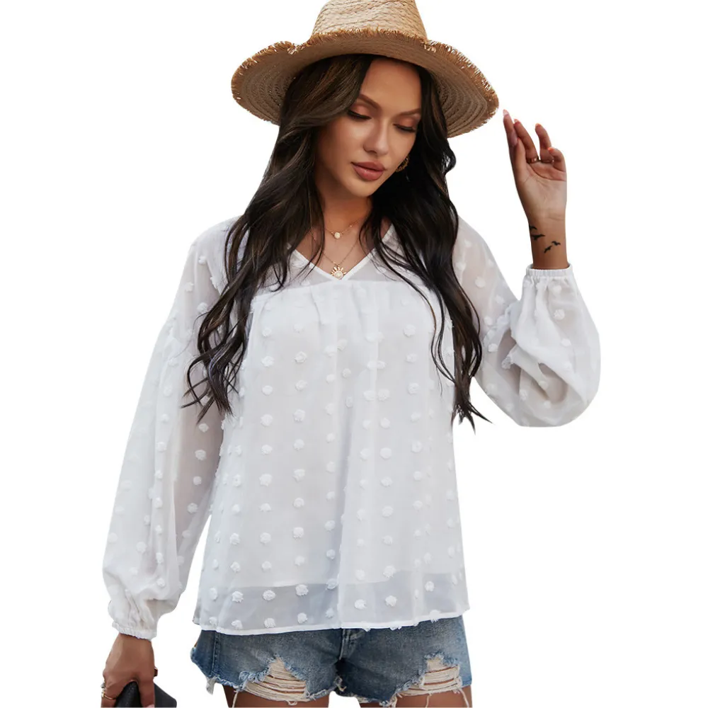 V-Neck Polka Dots Ruffled Blouse