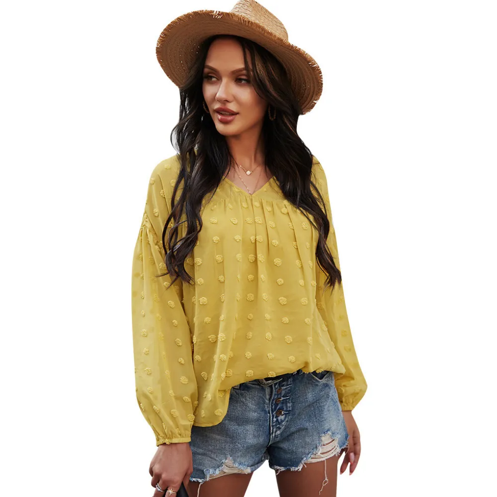V-Neck Polka Dots Ruffled Blouse