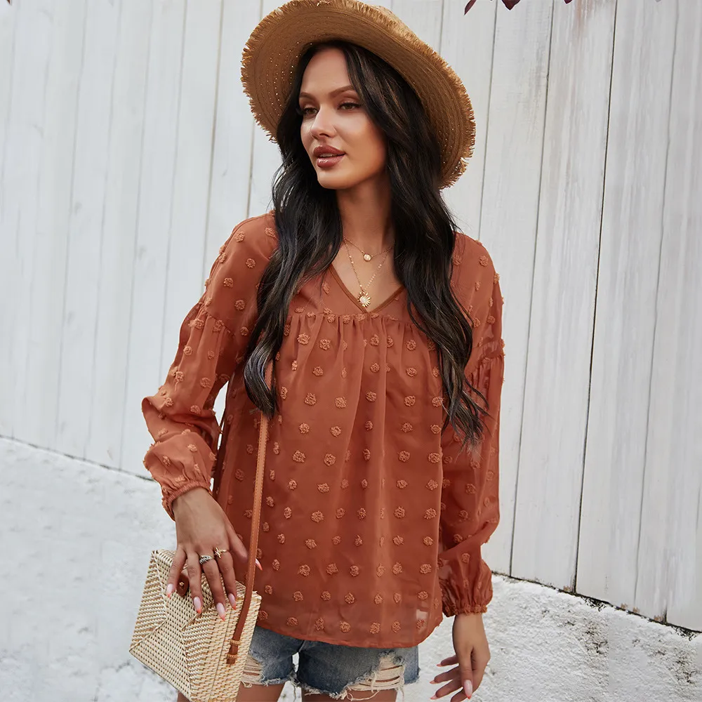 V-Neck Polka Dots Ruffled Blouse