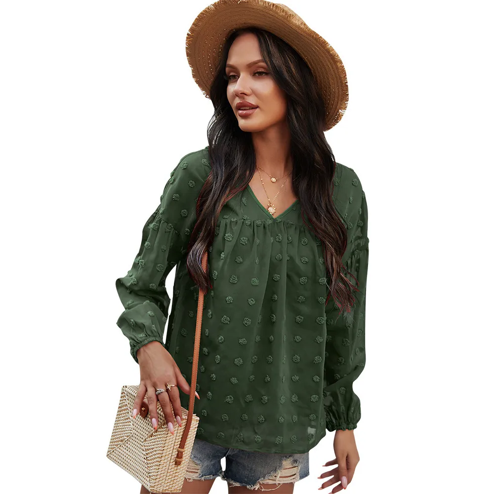 V-Neck Polka Dots Ruffled Blouse