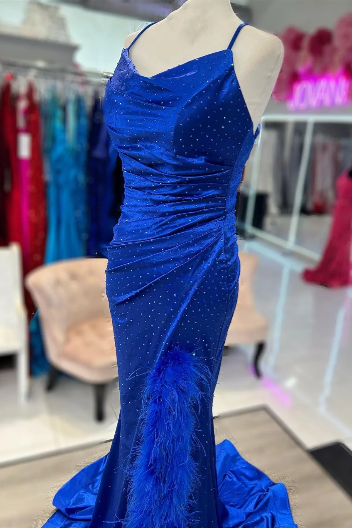 Vickie | Royal Blue Cowl Neck Rhinestones Long Prom Dress with Feather-Trimmed Slit
