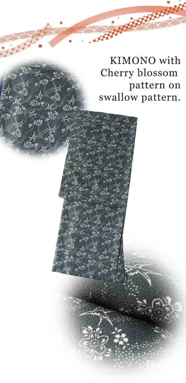Washable pre-tailored Lined KIMONO【M】（Cherry blossom pattern on swallow pattern）