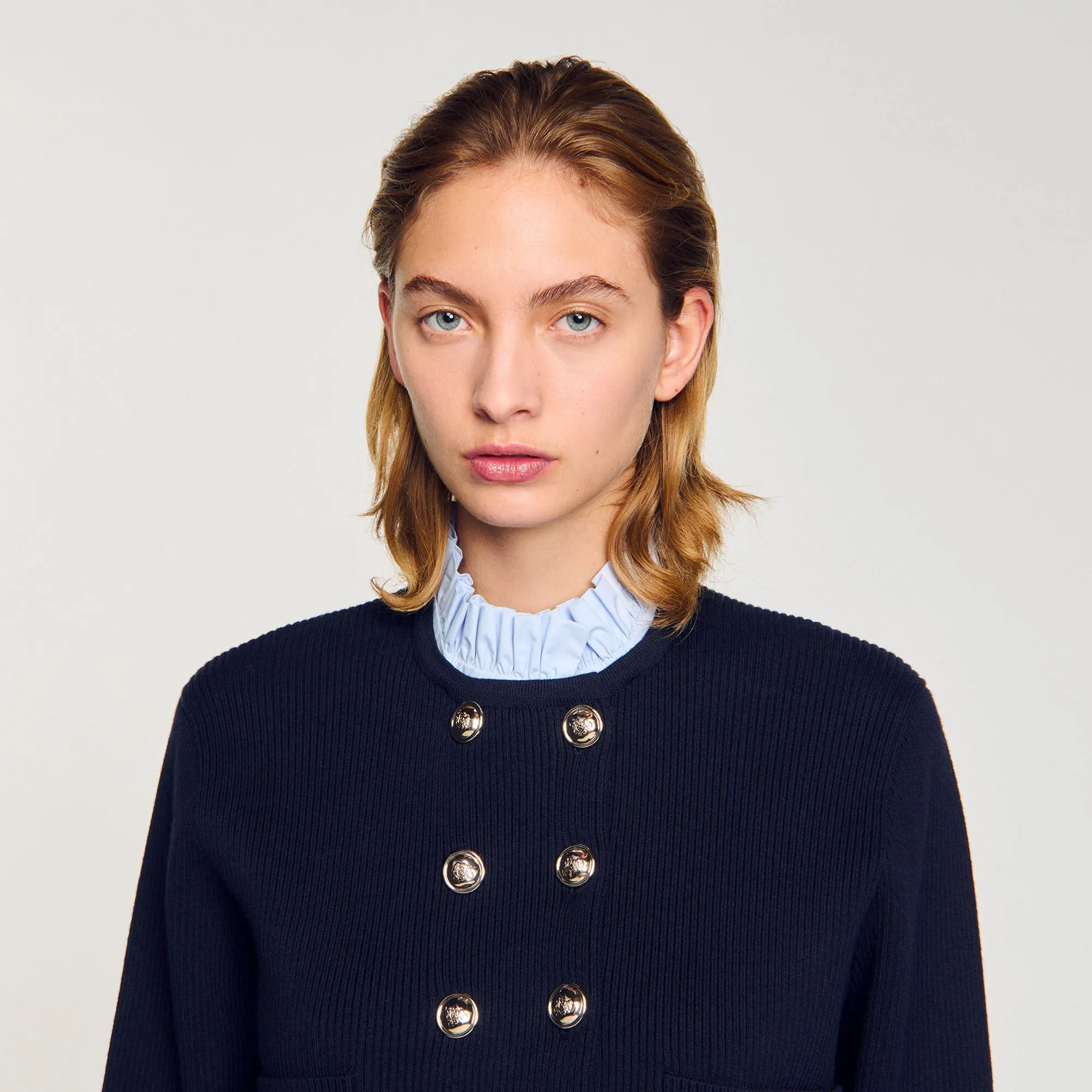 William Cardigan With Removable Ruffled Collar Navy Blue