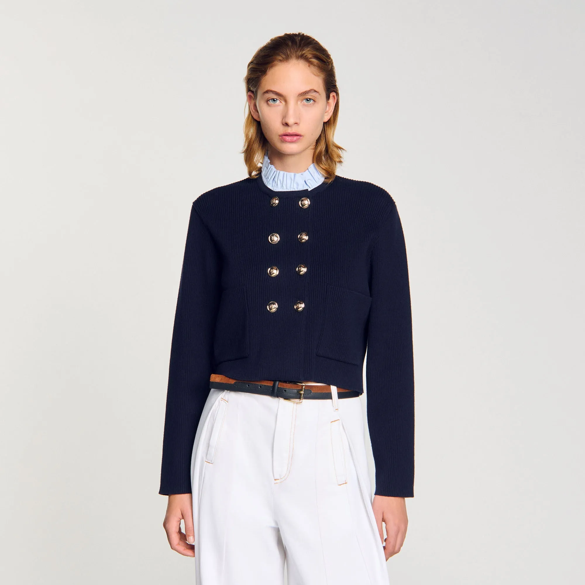 William Cardigan With Removable Ruffled Collar Navy Blue