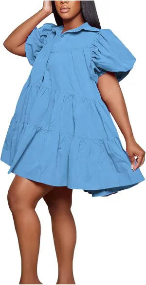 Women's Callor Button Down Puff Short Sleeve Ruffle Hem Loose Mini Dress Lined Midi Dress