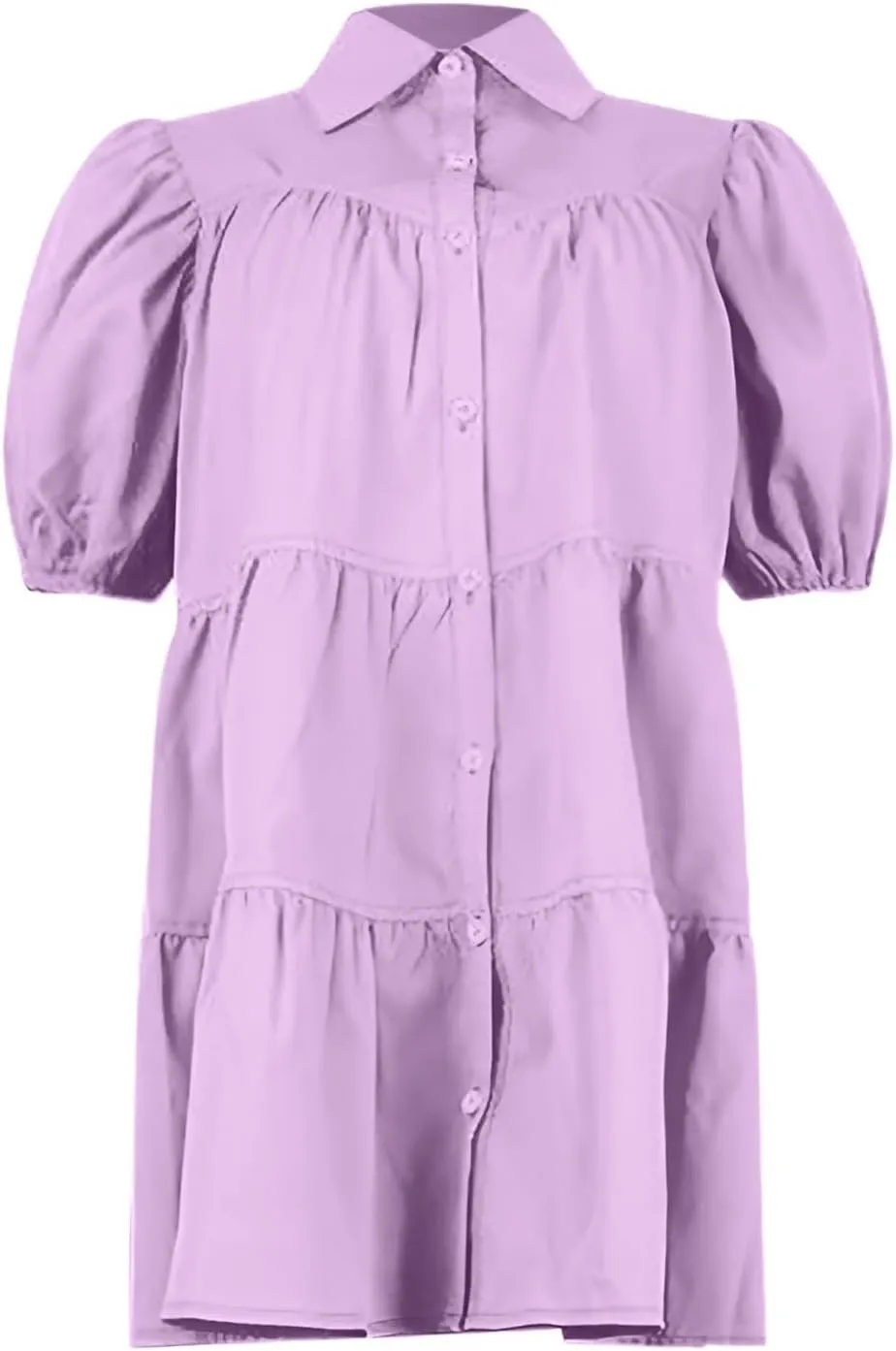 Women's Callor Button Down Puff Short Sleeve Ruffle Hem Loose Mini Dress Lined Midi Dress