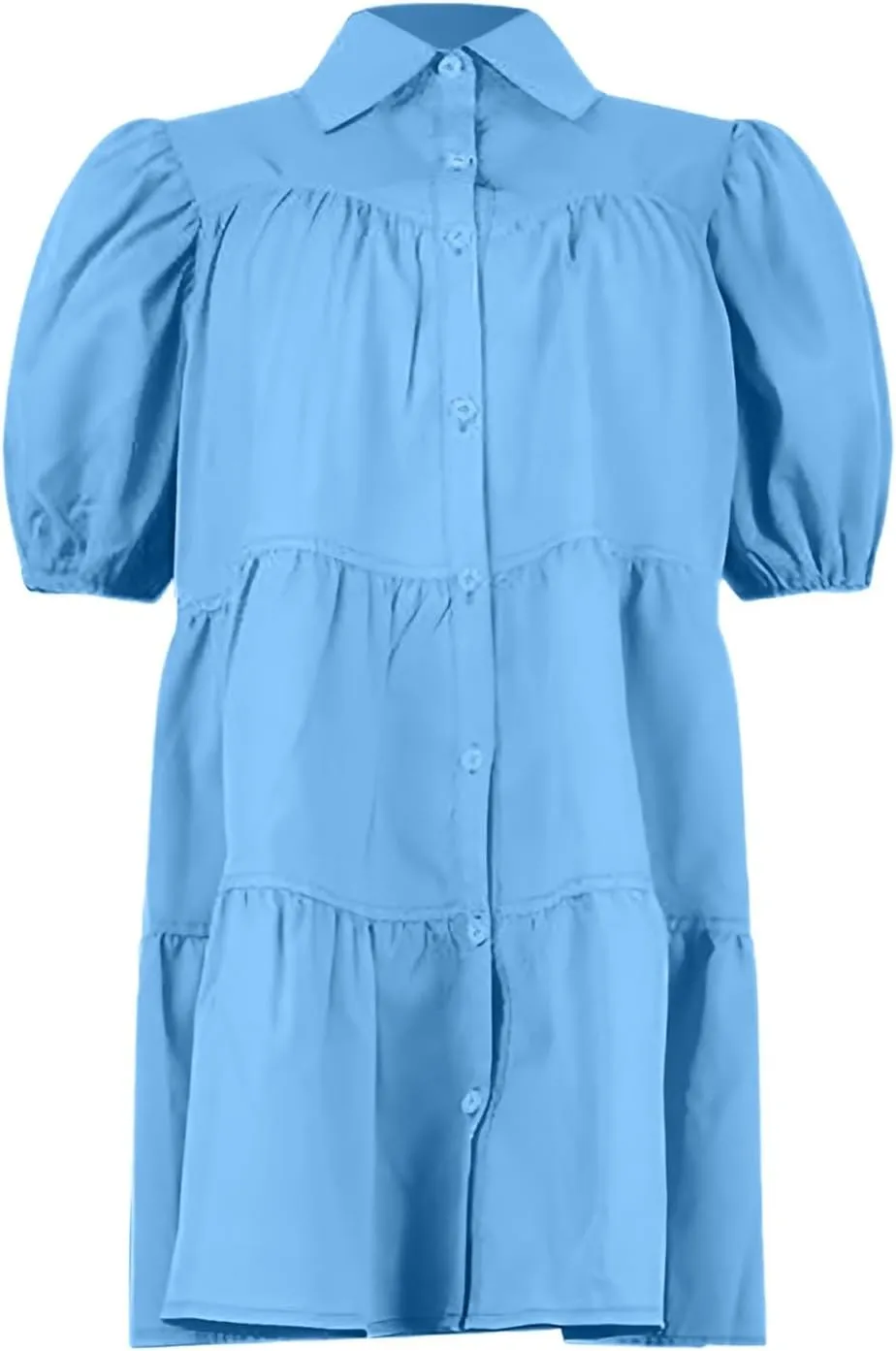 Women's Callor Button Down Puff Short Sleeve Ruffle Hem Loose Mini Dress Lined Midi Dress