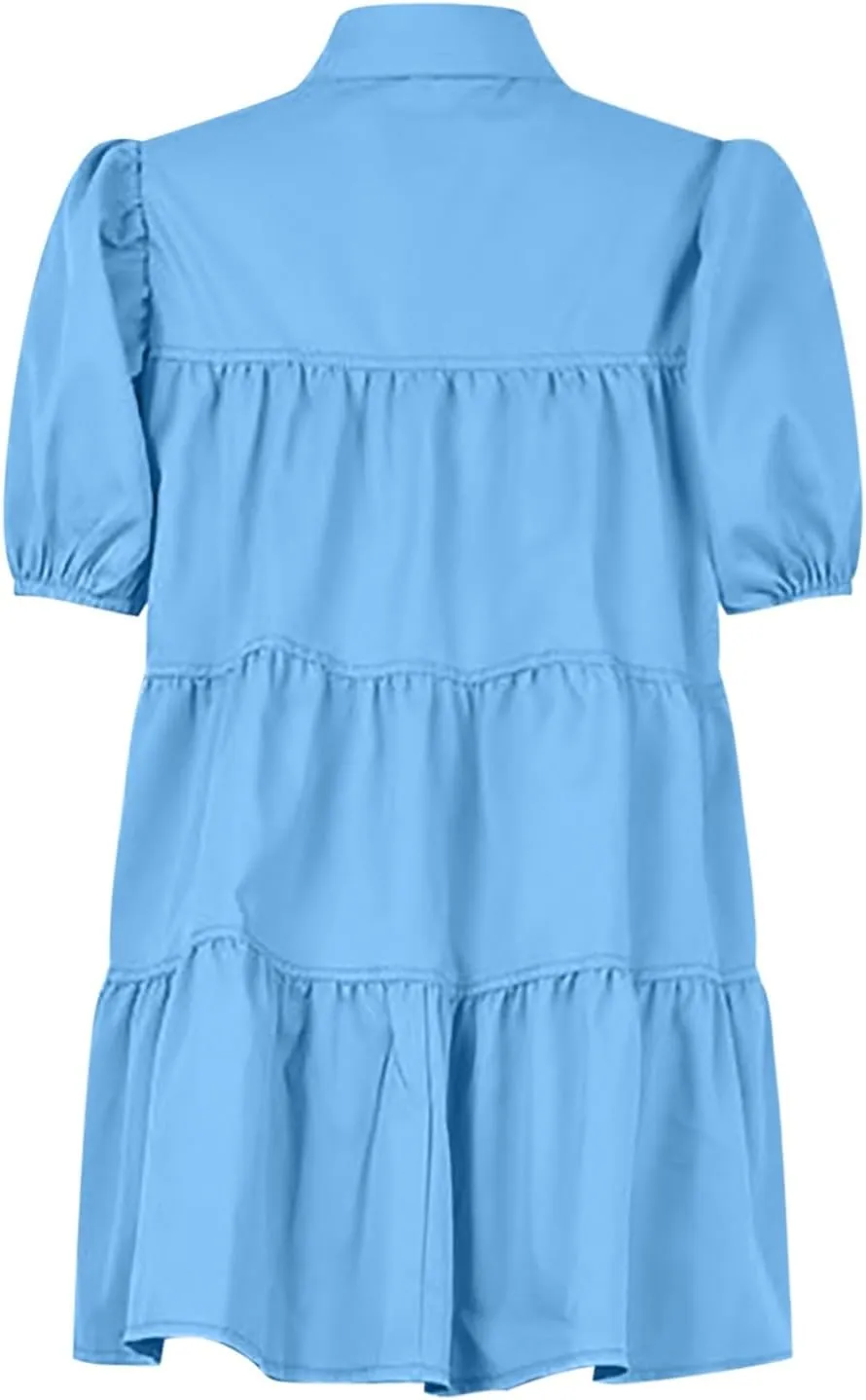 Women's Callor Button Down Puff Short Sleeve Ruffle Hem Loose Mini Dress Lined Midi Dress