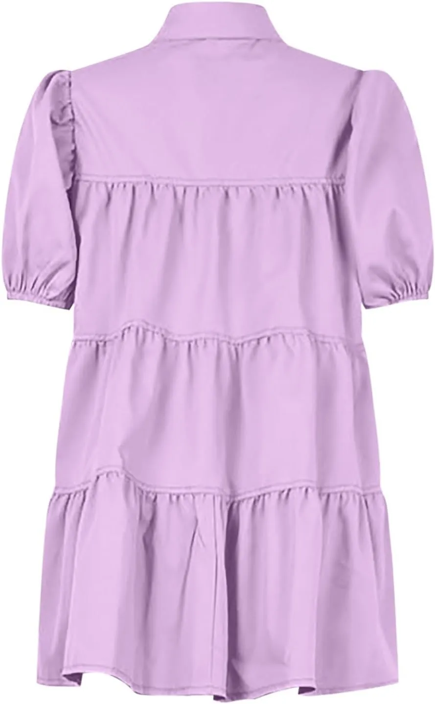 Women's Callor Button Down Puff Short Sleeve Ruffle Hem Loose Mini Dress Lined Midi Dress