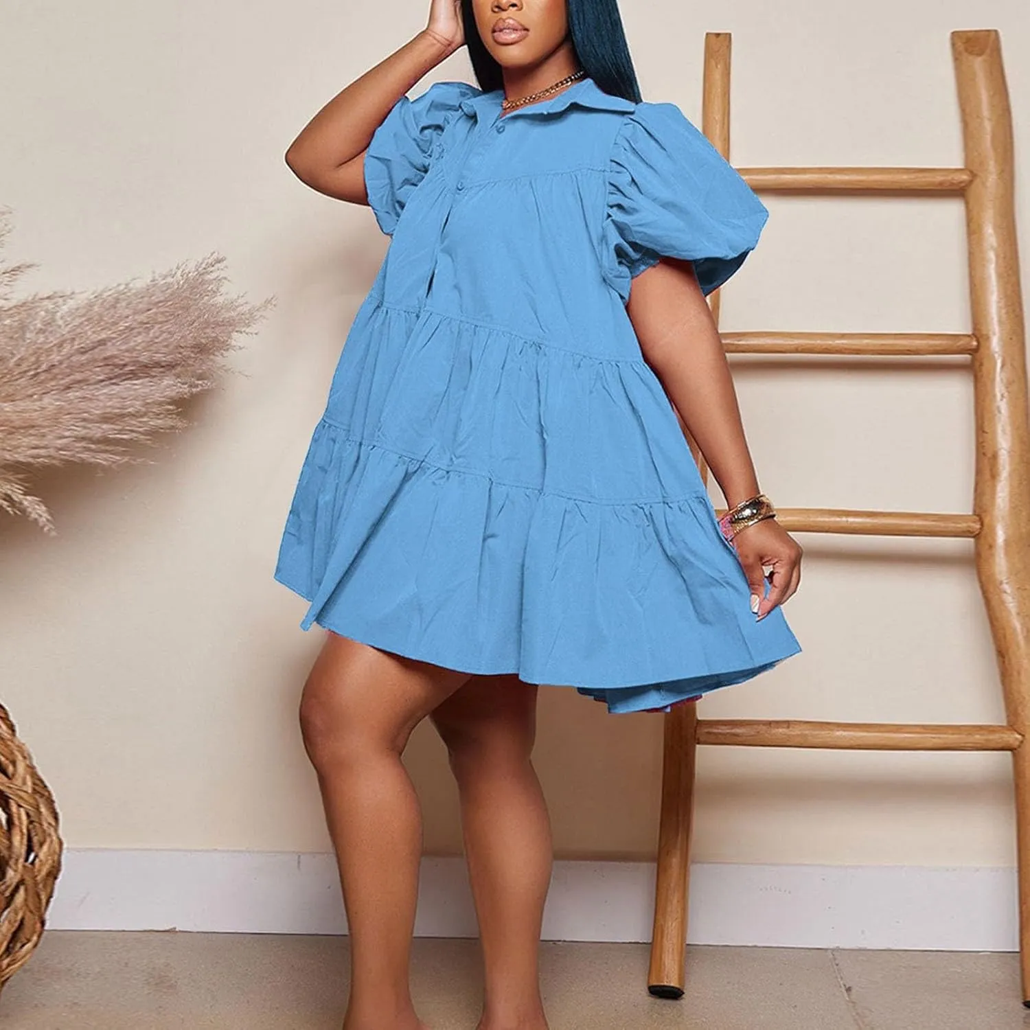Women's Callor Button Down Puff Short Sleeve Ruffle Hem Loose Mini Dress Lined Midi Dress