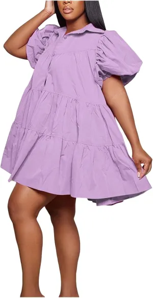 Women's Callor Button Down Puff Short Sleeve Ruffle Hem Loose Mini Dress Lined Midi Dress