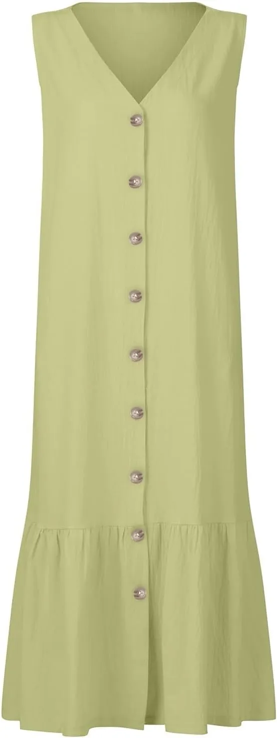 Women's Casual Summer Dresses V Neck Sleeveless Solid Color Button Down Casual Swing Beach Dress, S-2XL