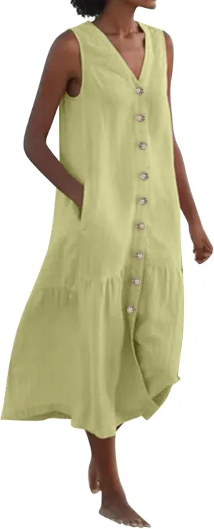 Women's Casual Summer Dresses V Neck Sleeveless Solid Color Button Down Casual Swing Beach Dress, S-2XL