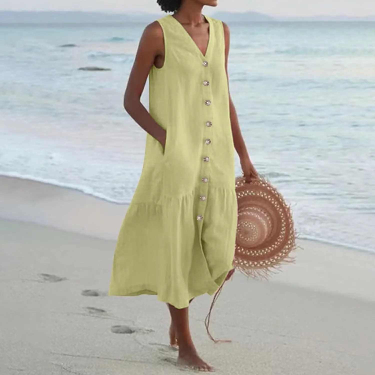 Women's Casual Summer Dresses V Neck Sleeveless Solid Color Button Down Casual Swing Beach Dress, S-2XL
