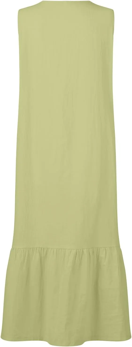 Women's Casual Summer Dresses V Neck Sleeveless Solid Color Button Down Casual Swing Beach Dress, S-2XL
