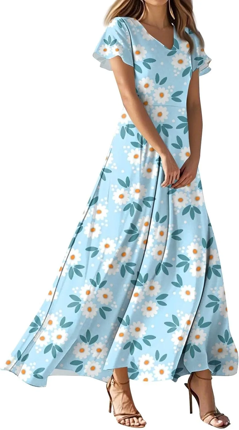 Women's Cruise Outfits 2025 Casual Loose Trendy Chiffon Short Sleeve V-Neck Floral Print Maxi Dress Clothes, XS-2XL